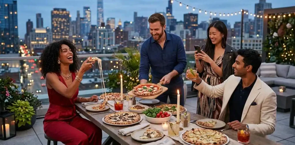 Friends enjoying pizza on a rooftop party