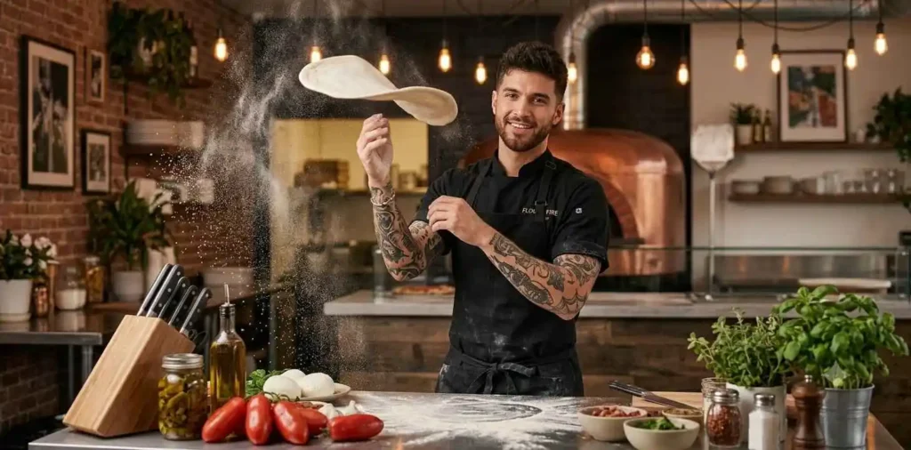 Chef tossing pizza dough with a smile