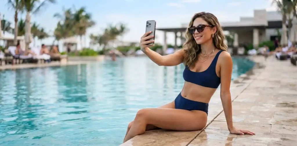 Woman taking a smiling poolside selfie