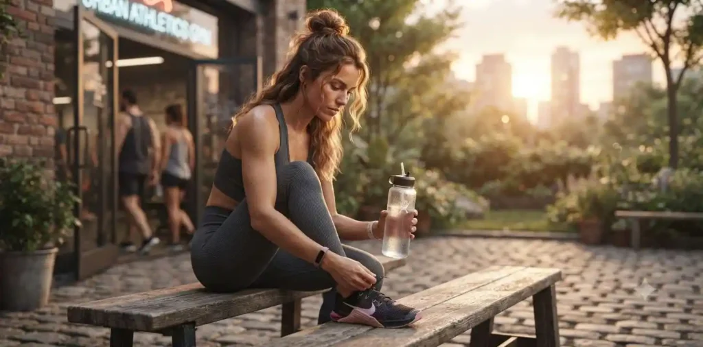 Athlete tying running shoes before gym session