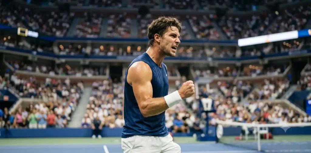 Tennis player celebrating with raised fist after victory