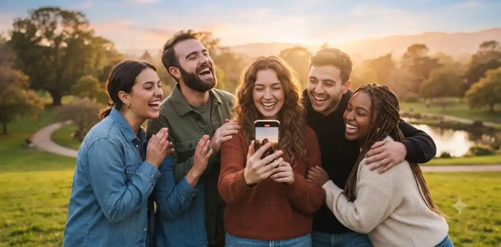 Friends celebrating together during sunset outdoors