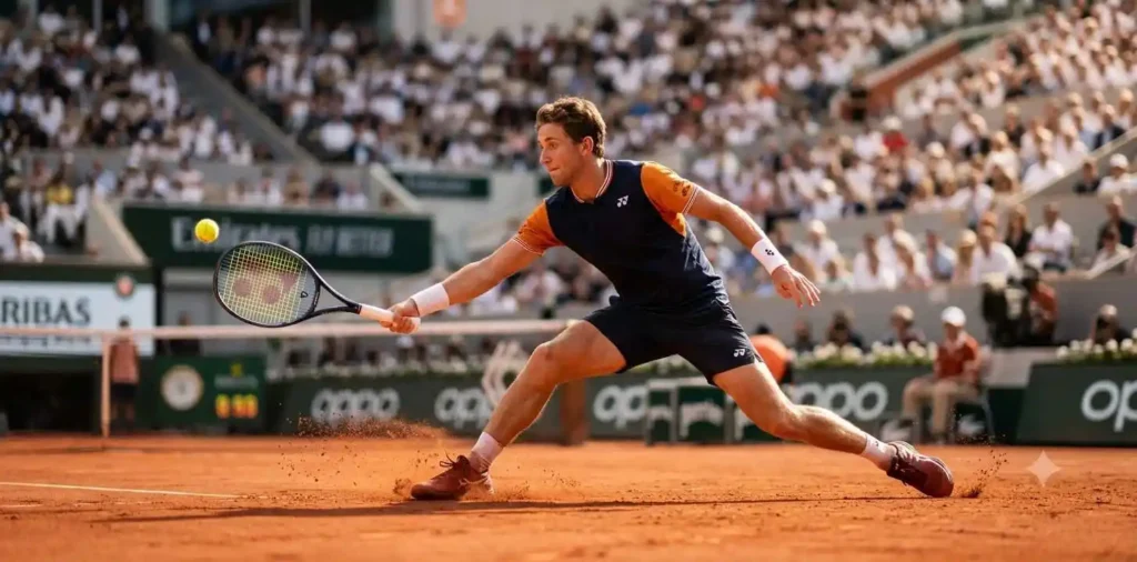 Tennis player sliding across a red clay court