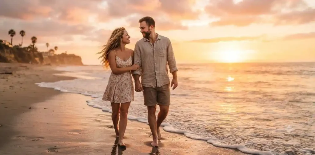 Couple holding hands during a warm summer sunset
