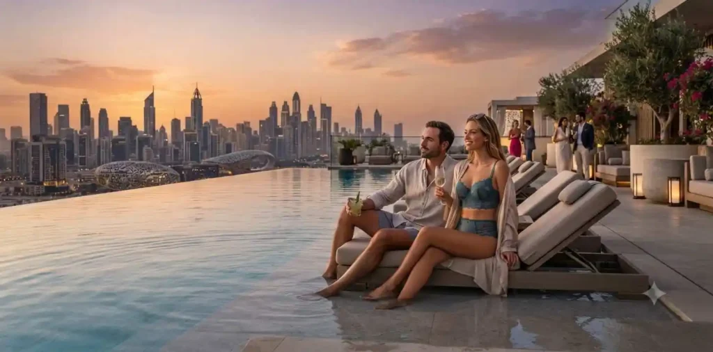 Couple relaxing beside a rooftop infinity pool