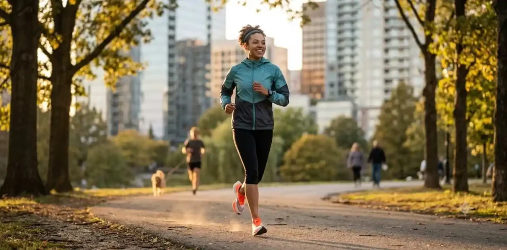 Athlete running through a city park