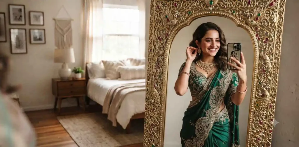 Woman taking a mirror selfie in a saree