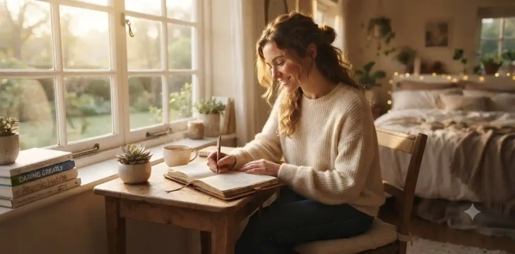 Woman journaling beside a bright window
