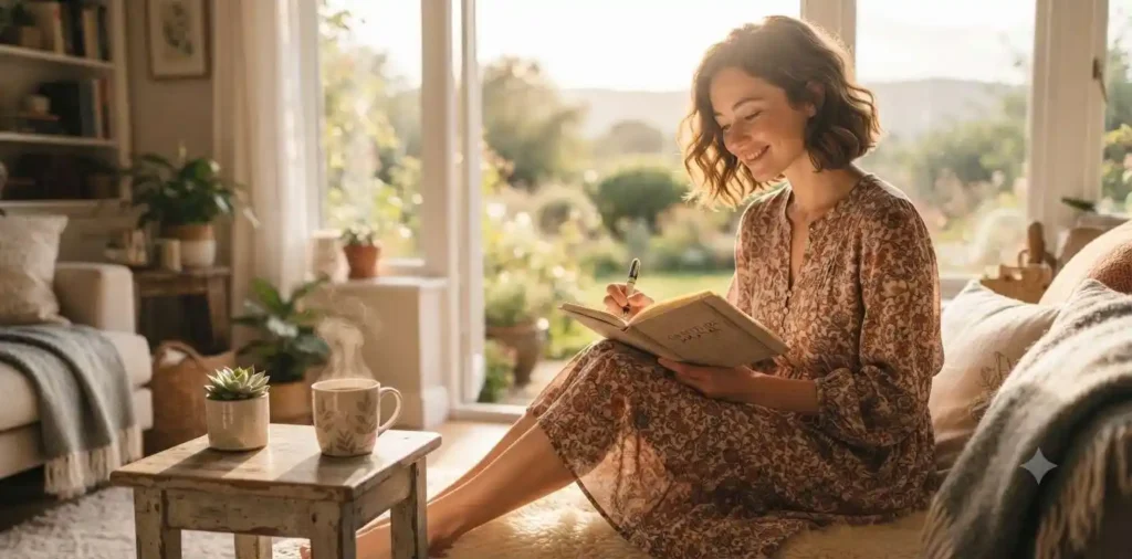 Woman journaling beside a bright window