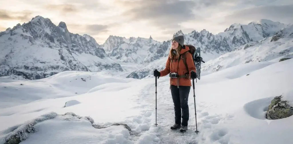Traveler exploring snowy mountain landscape