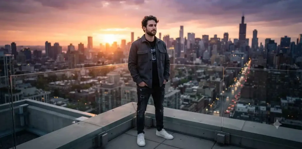 Young man enjoying a peaceful rooftop sunset