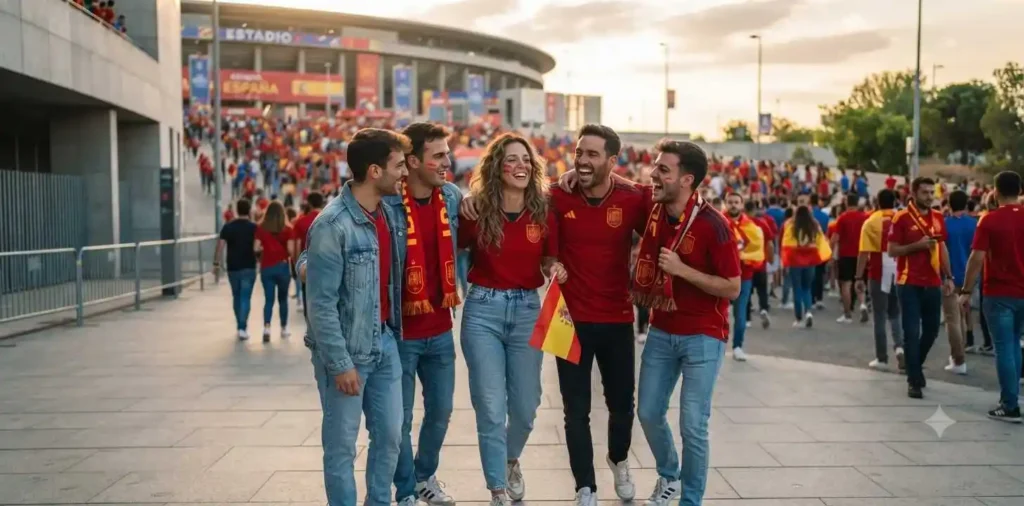 Friends posing in Spain football jerseys