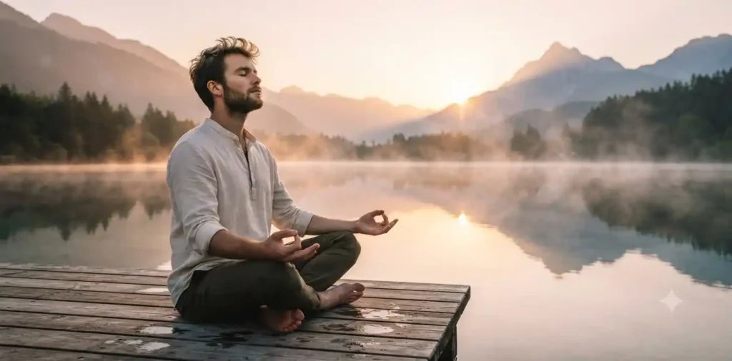Person meditating beside a quiet mountain lake