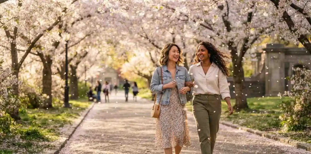 Friends walking beneath blooming cherry trees