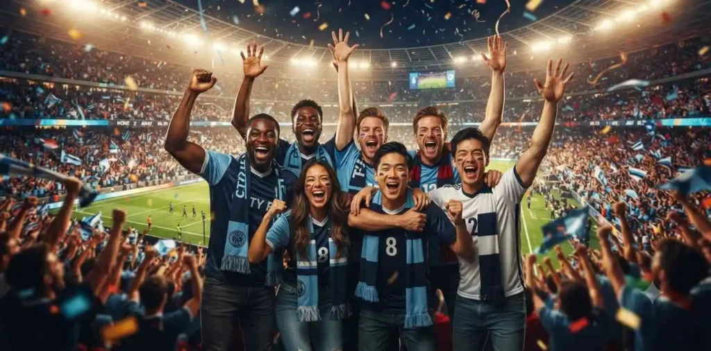 Friends cheering together inside a packed stadium