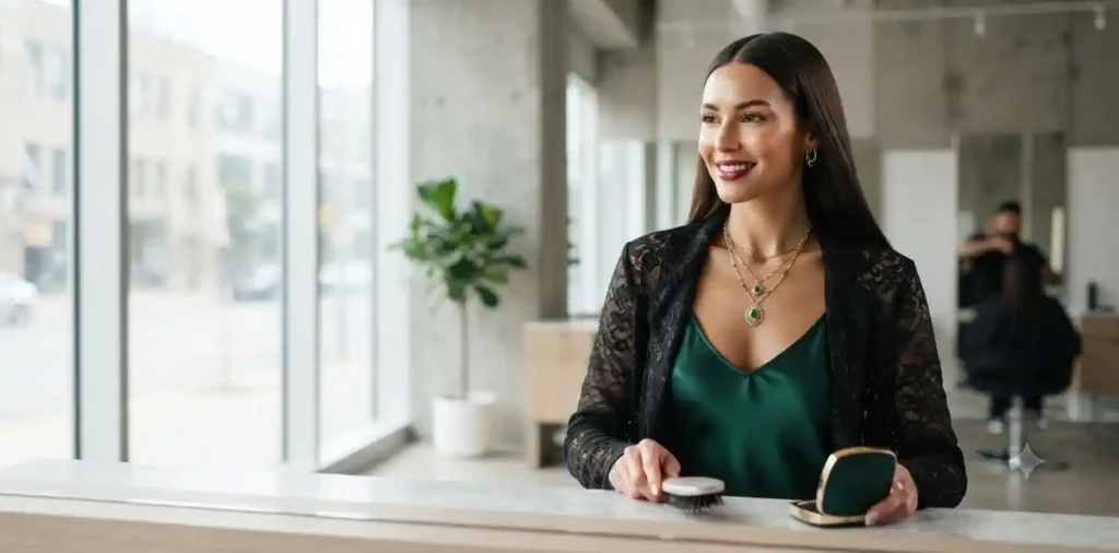 Woman with sleek straight hair indoors