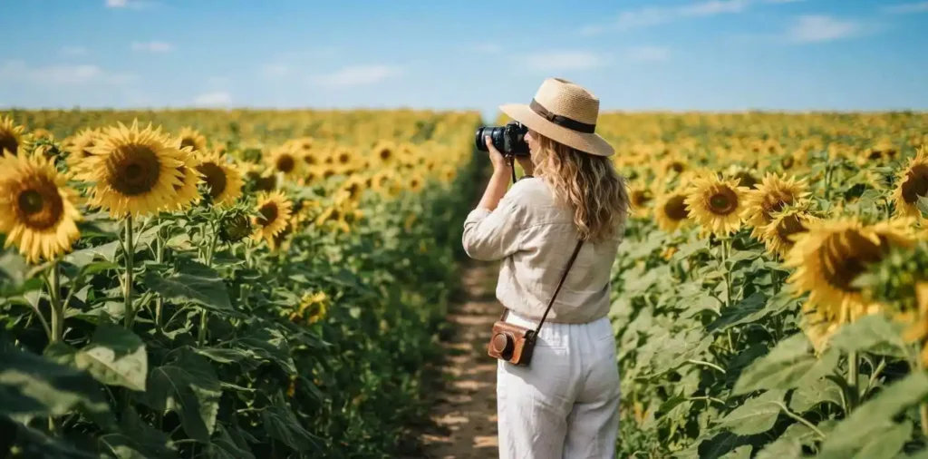 Woman walking through a blooming sunflower field