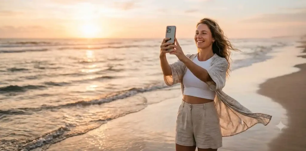Woman taking a sunrise selfie on the beach