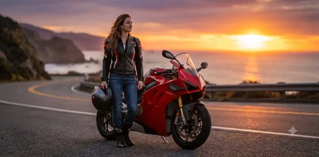 Rider watching sunset beside Ducati motorcycle