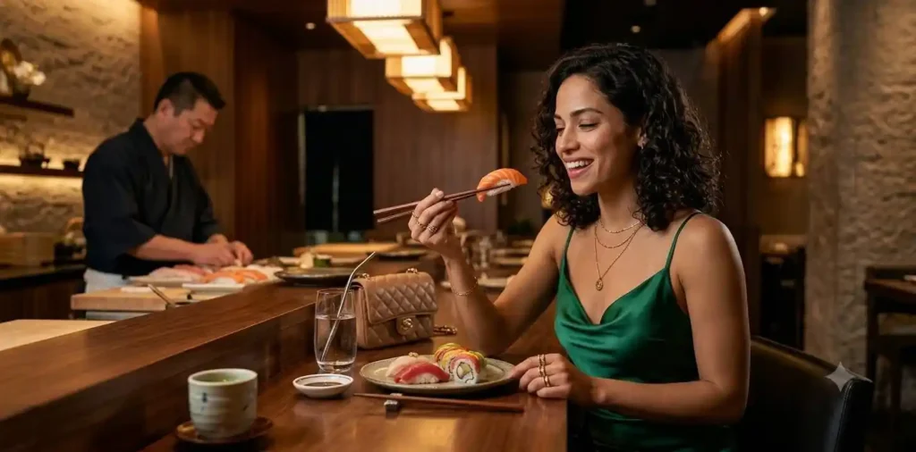 Young woman enjoying premium sushi dinner