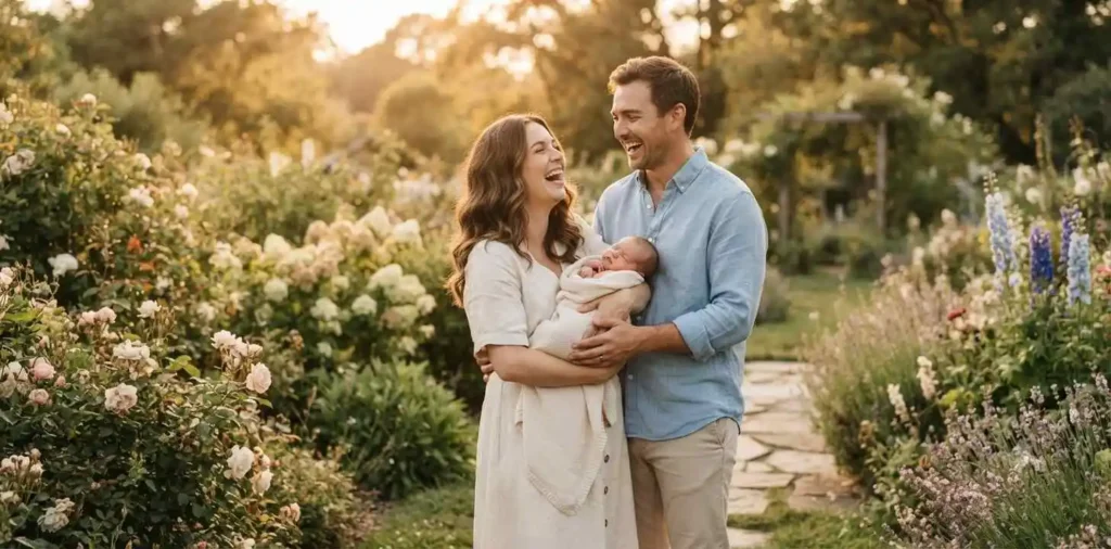 Parents cuddling newborn in sunny garden
