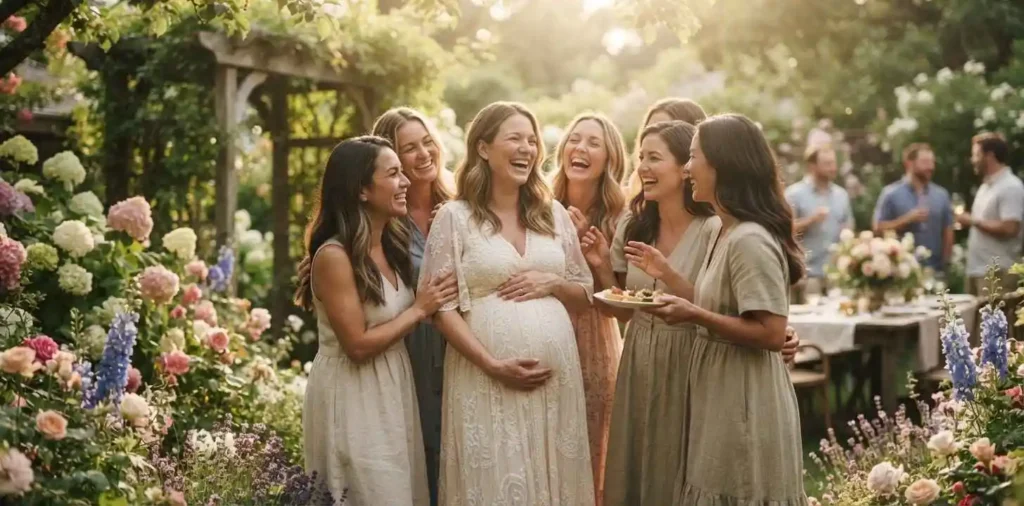 Pregnant woman smiling during baby shower celebration