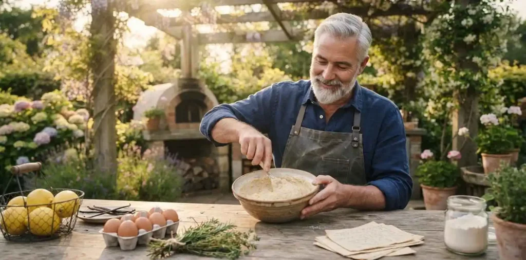 Older man mixing cake batter outdoors