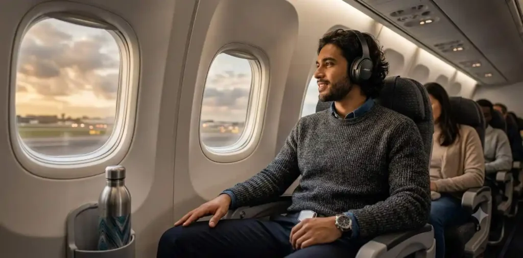 Passenger watching airplane takeoff through window