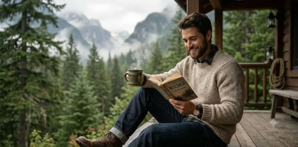Young man relaxing with tea beside mountain cabin