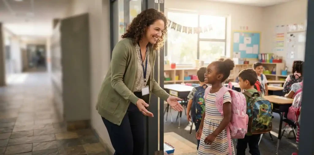 Teacher welcoming students into a bright classroom