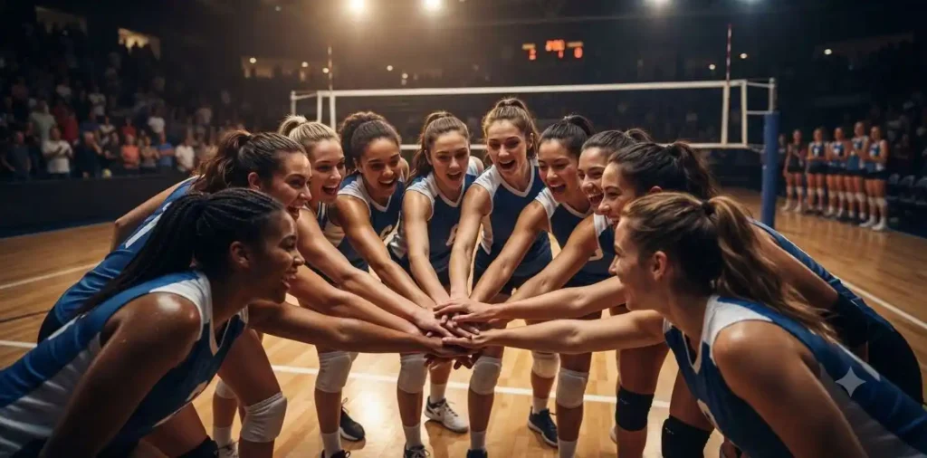 Volleyball teammates celebrating after winning a point