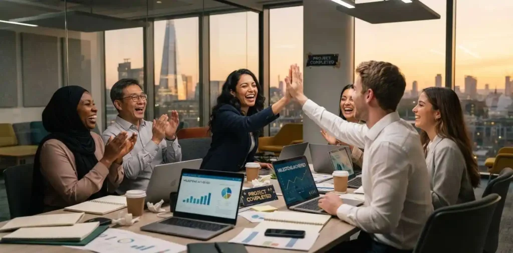 Coworkers celebrating a successful project together