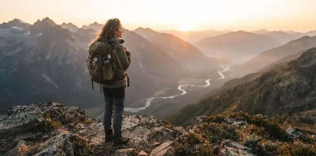 Traveler admiring mountain sunrise viewpoint