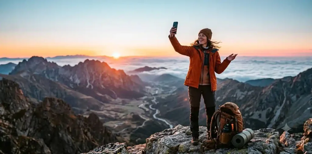 Traveler filming scenic mountain sunrise
