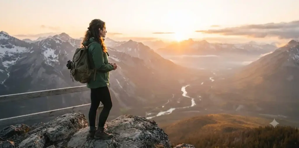 Traveler admiring mountain sunrise viewpoint