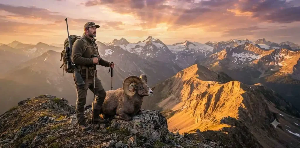 Hunter celebrating success in a mountain landscape