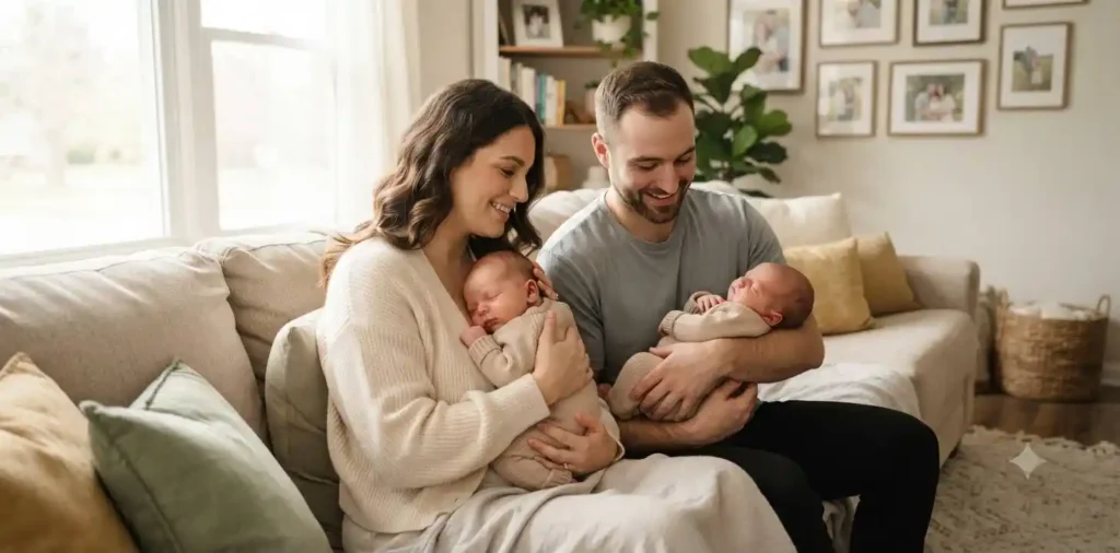 Parents holding newborn twins at home