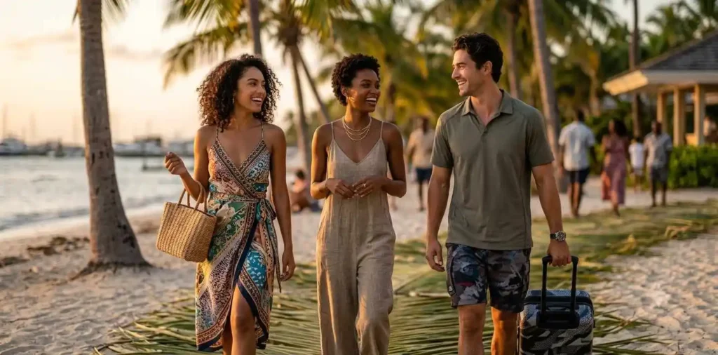 Friends exploring a tropical vacation destination