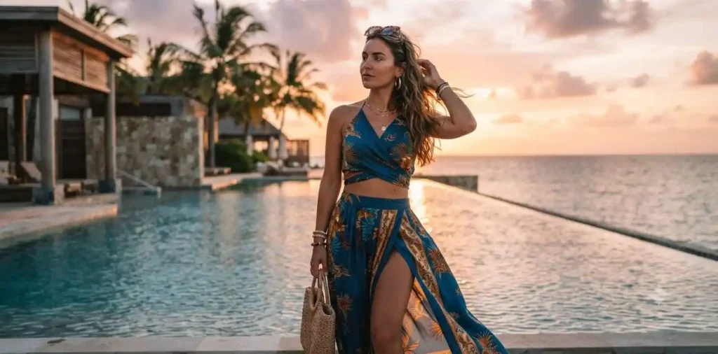 Traveler watching sunset from a tropical cliff