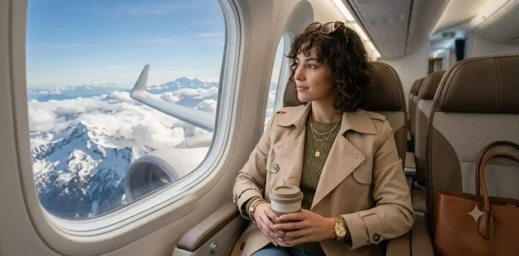 Traveler watching clouds from airplane window