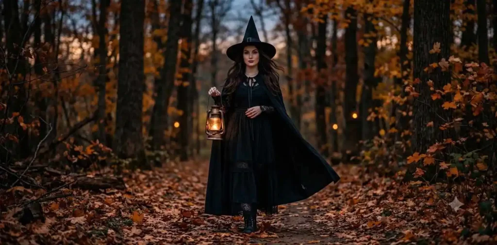 Woman wearing an elegant witch costume outdoors