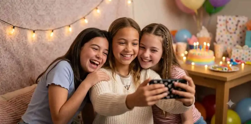 Girl taking a birthday selfie with friends