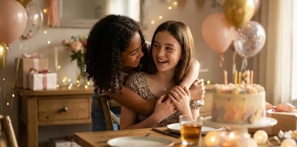 Friends sharing a heartfelt birthday moment