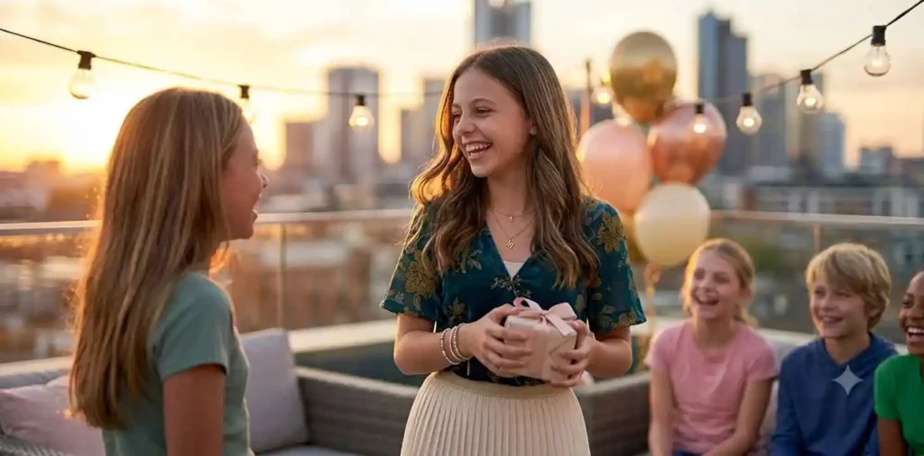 Teen girl smiling during outdoor birthday celebration