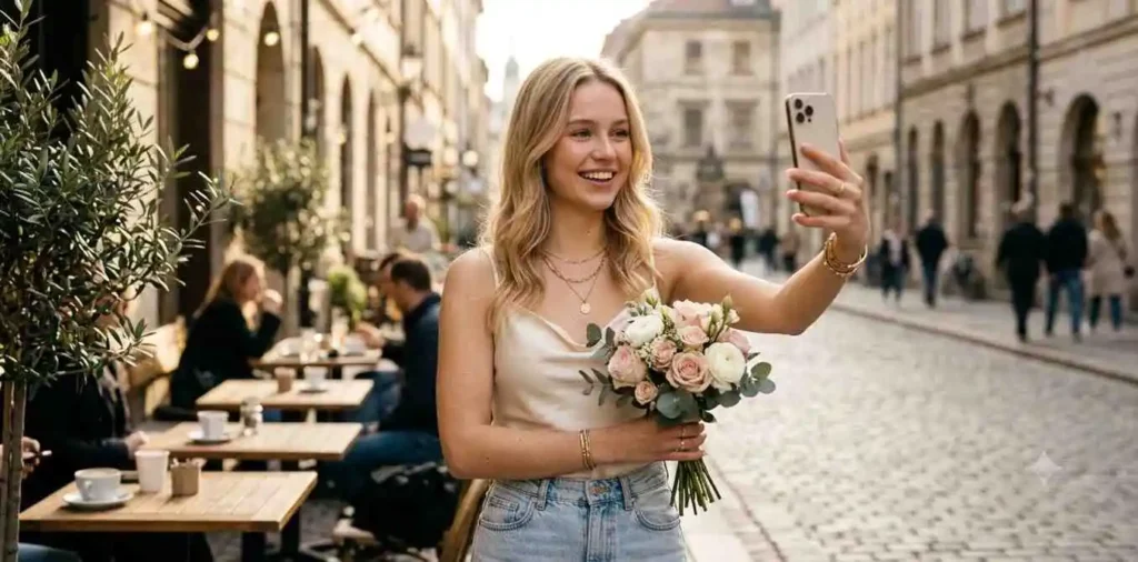 Young woman taking birthday selfie outdoors