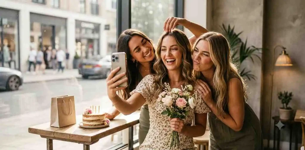Young woman taking birthday selfie with friends