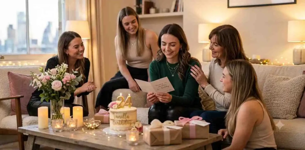 Birthday woman smiling with loved ones at home