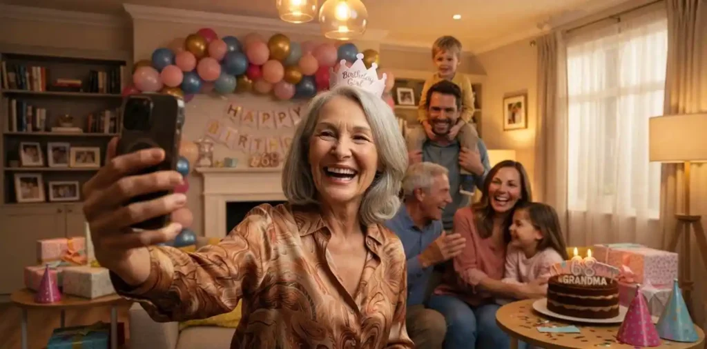 Woman taking joyful selfie at her birthday party