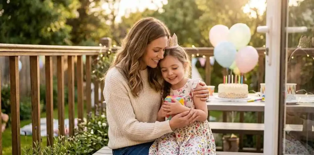 Mother hugging her seven year old birthday child