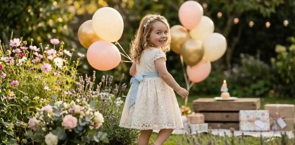 Four year old smiling with birthday balloons